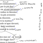 testo di poesia con annotazioni varie scritte a mano, note sulle singole parole, segni per unire termini lontani