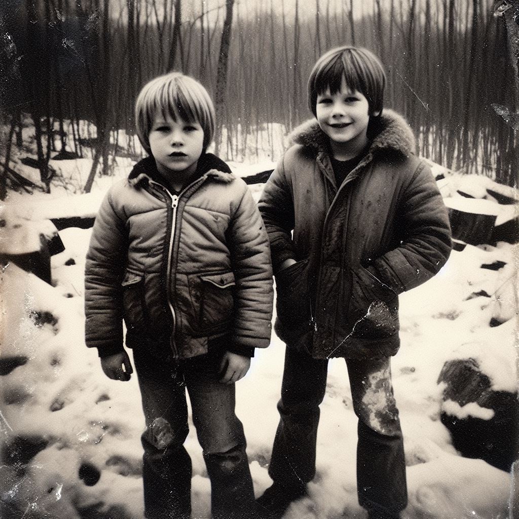 polaroid anni settanta di due bambini tra le neve di un piccolo bosco